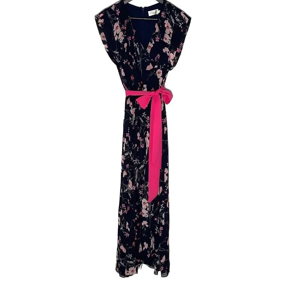 Eliza J High-Low Maxi dress Navy Blue and Cherry Blossom floral Size 10P NWOT - Picture 2 of 12